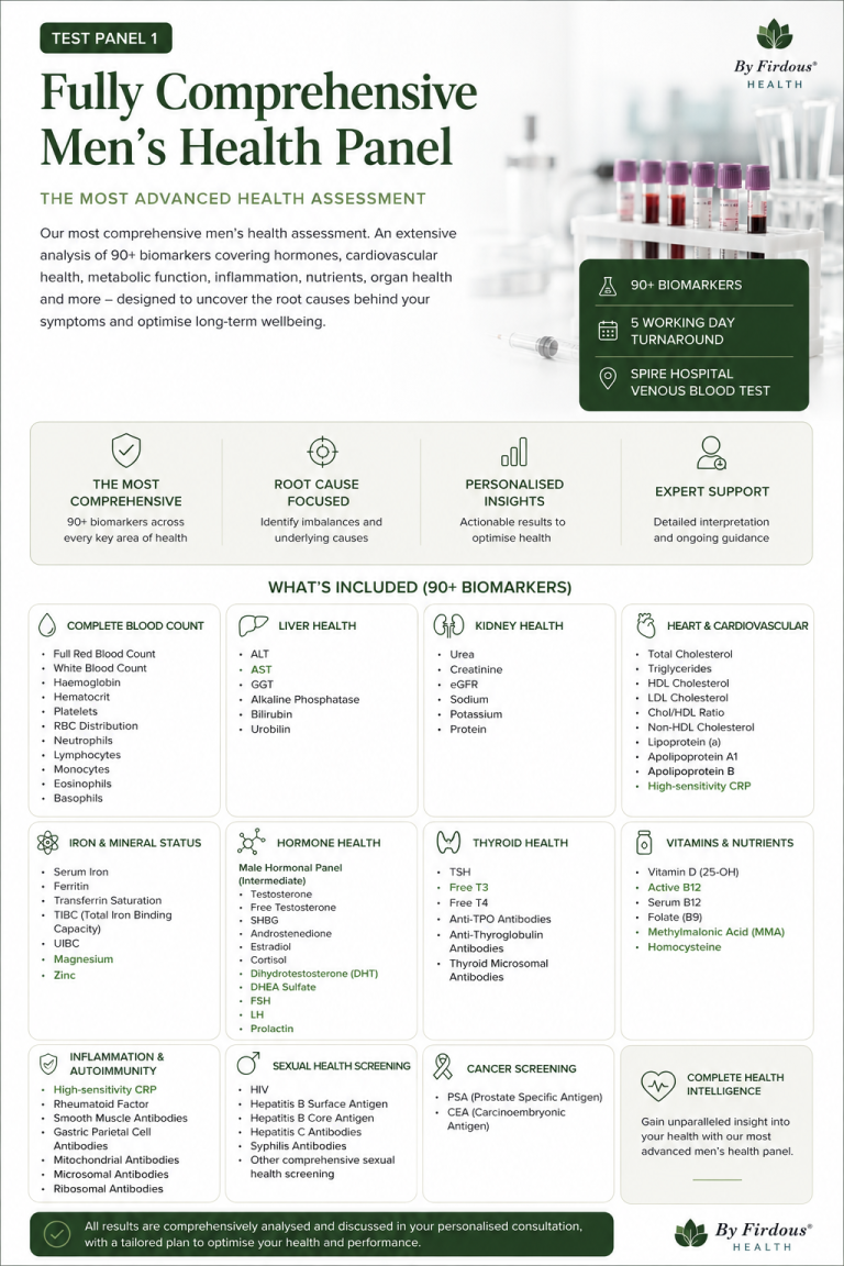 Comprehensive Men's Assessment Panel - Spire Healthcare - By Firdous® HEALTH This image talks about the Comprehensive Men's Assessment Panel at By Firdous® HEALTH
