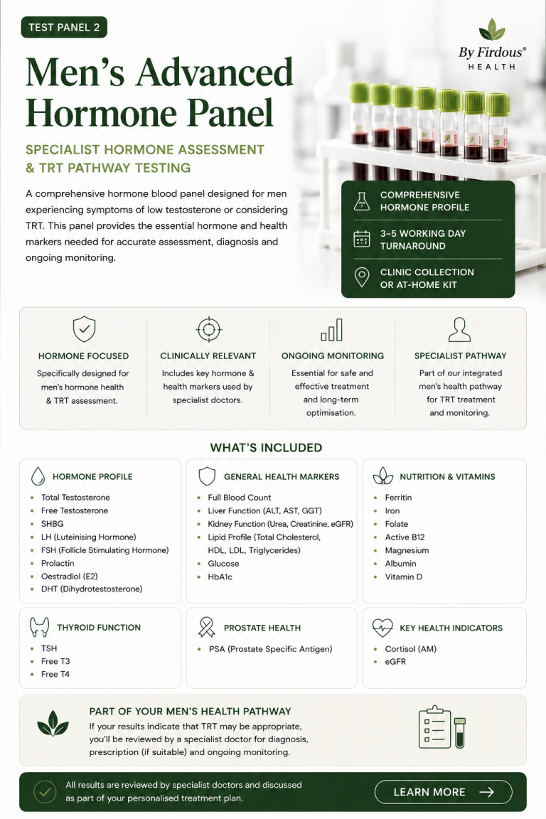 Men's Health Pathway Blood Test, Men's Hormone Health, Testosterone - By Firdous® HEALTH This image shows 42+ markers for Mens Health Pathway Blood Test, Men's Hormone Health, Testosterone - By Firdous® HEALTH