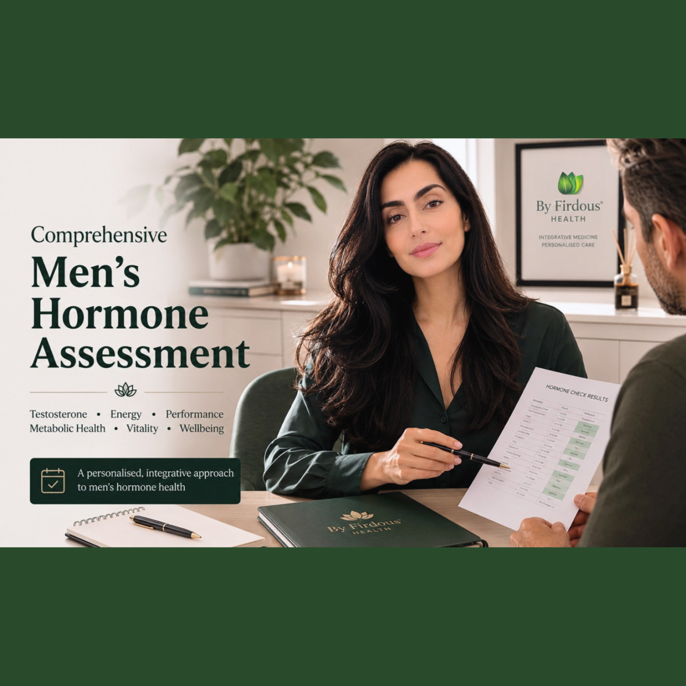 By Firdous® HEALTH clinician discussing a comprehensive men’s hormone assessment with a patient.