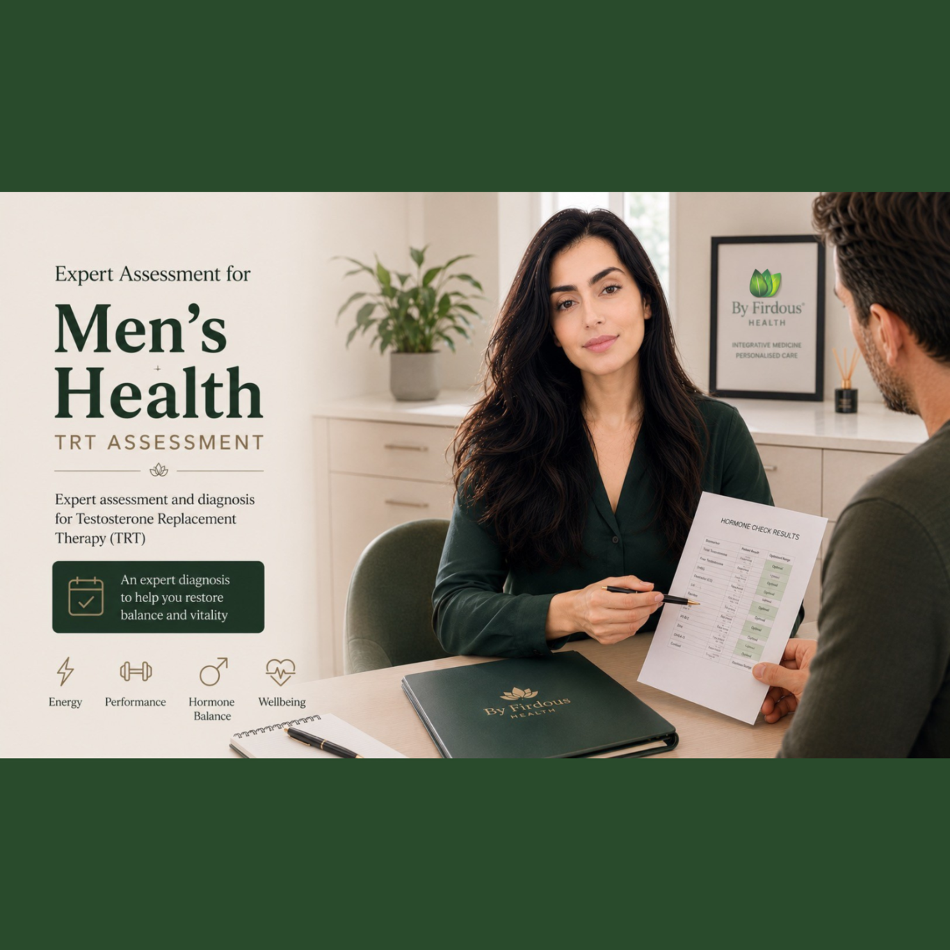 By Firdous® HEALTH clinician reviewing testosterone replacement therapy (TRT) assessment results with a patient.